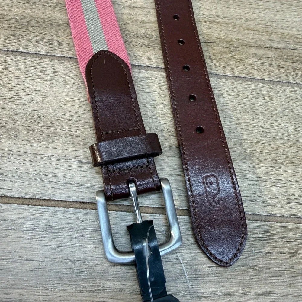 Vineyard Vines Canvas Leather Belt Mens 34 Pink Gray Brown Cowhide Buckle 1.5